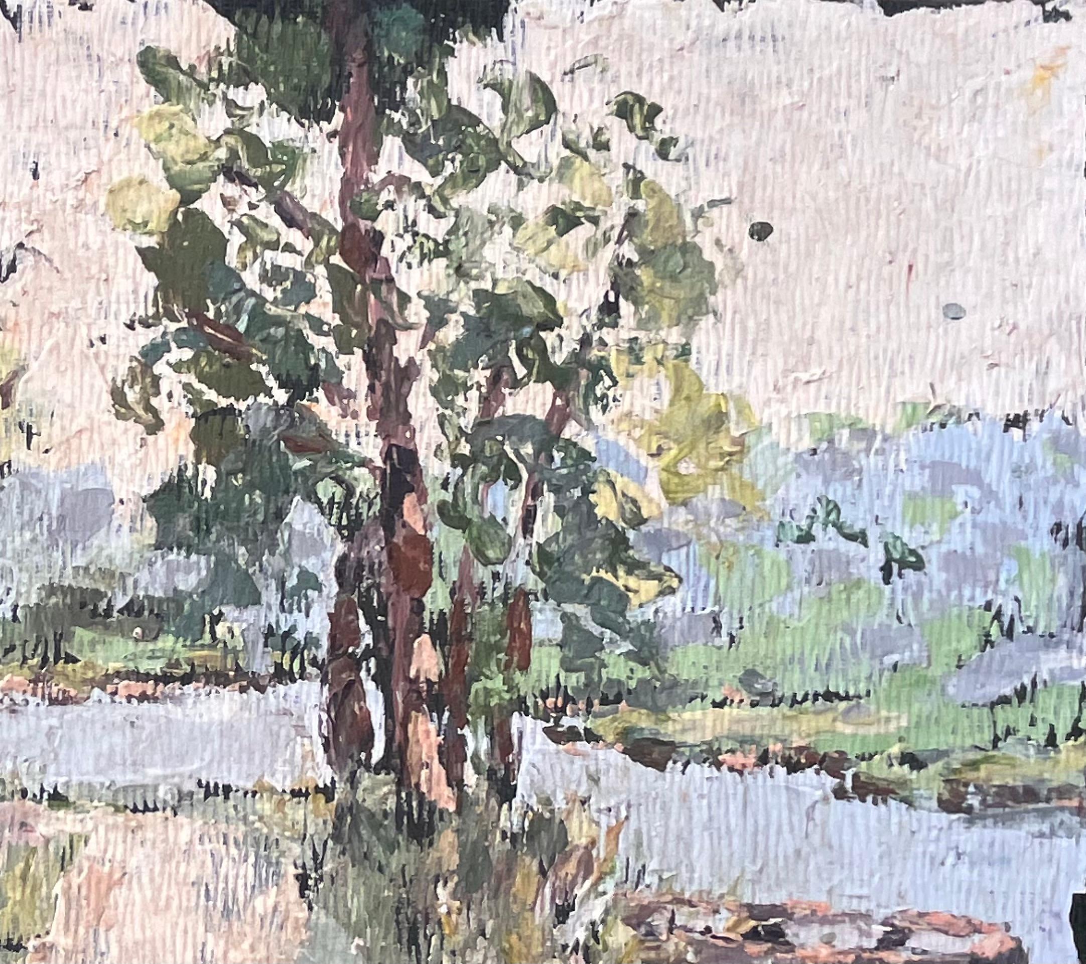 Scène impressionniste de rivière de la forêt avec chemin et bateaux à la lumière d'été douce en vente 1