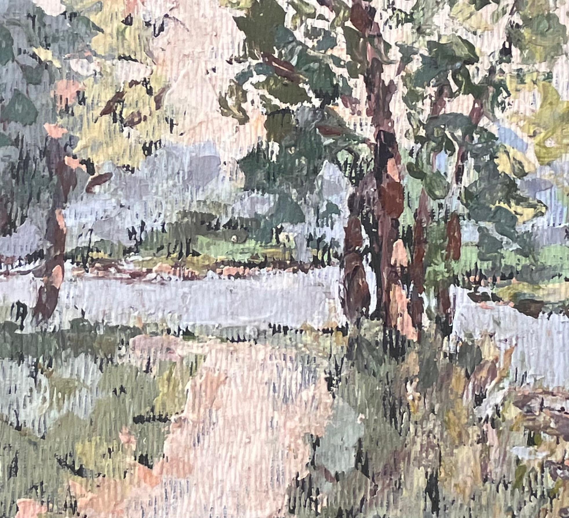 Scène impressionniste de rivière de la forêt avec chemin et bateaux à la lumière d'été douce en vente 2