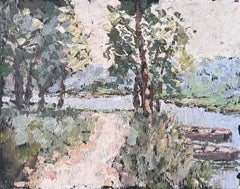 Impressionist Forest River Scene with Path and Boats in Soft Summer Light