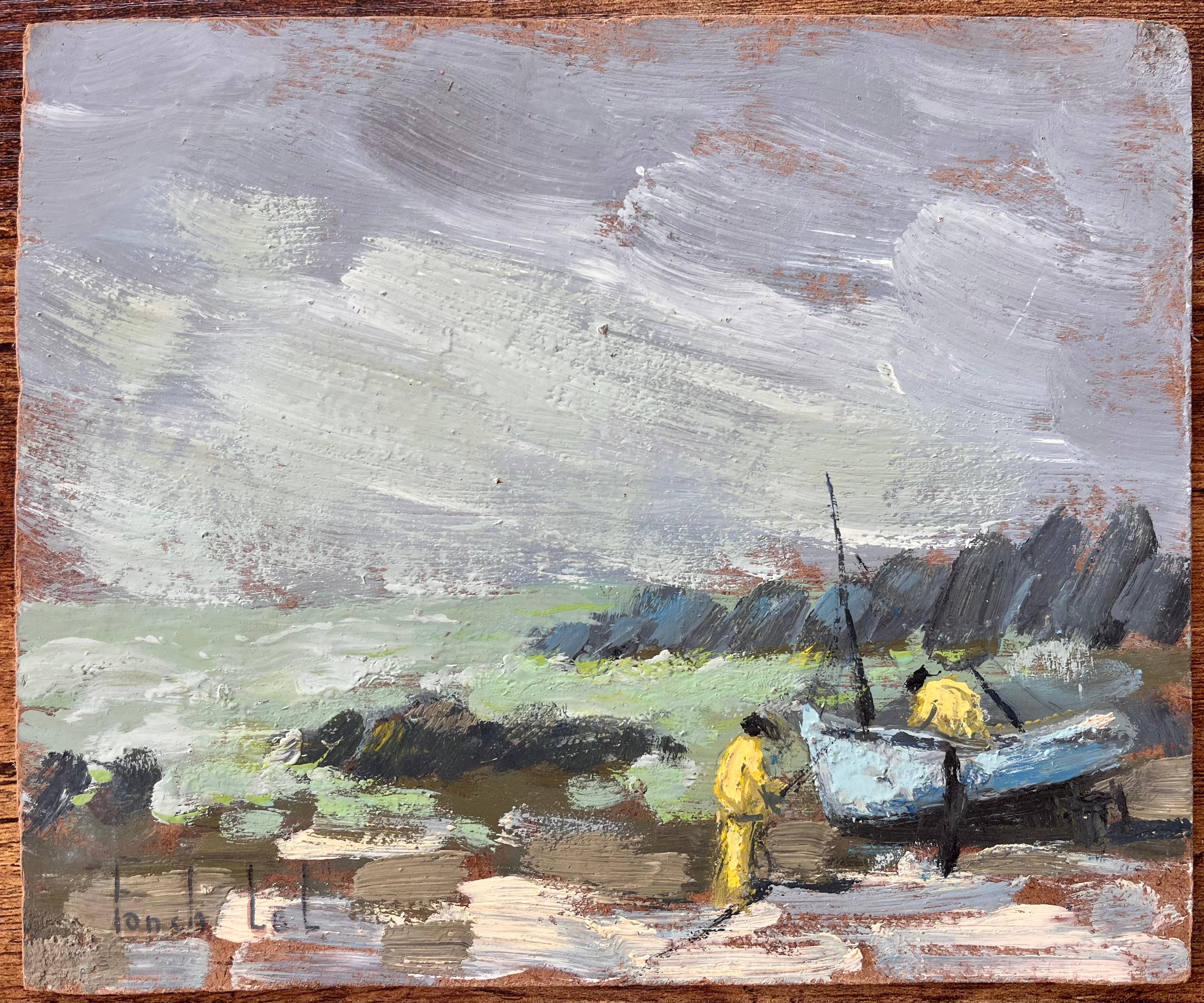 Scène côtière impressionniste française avec pêcheurs et bateaux en Bretagne - Painting de Fanch Lel
