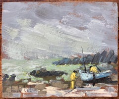 Impressionist French Coastal Scene with Fishermen and Boat in Bretagne