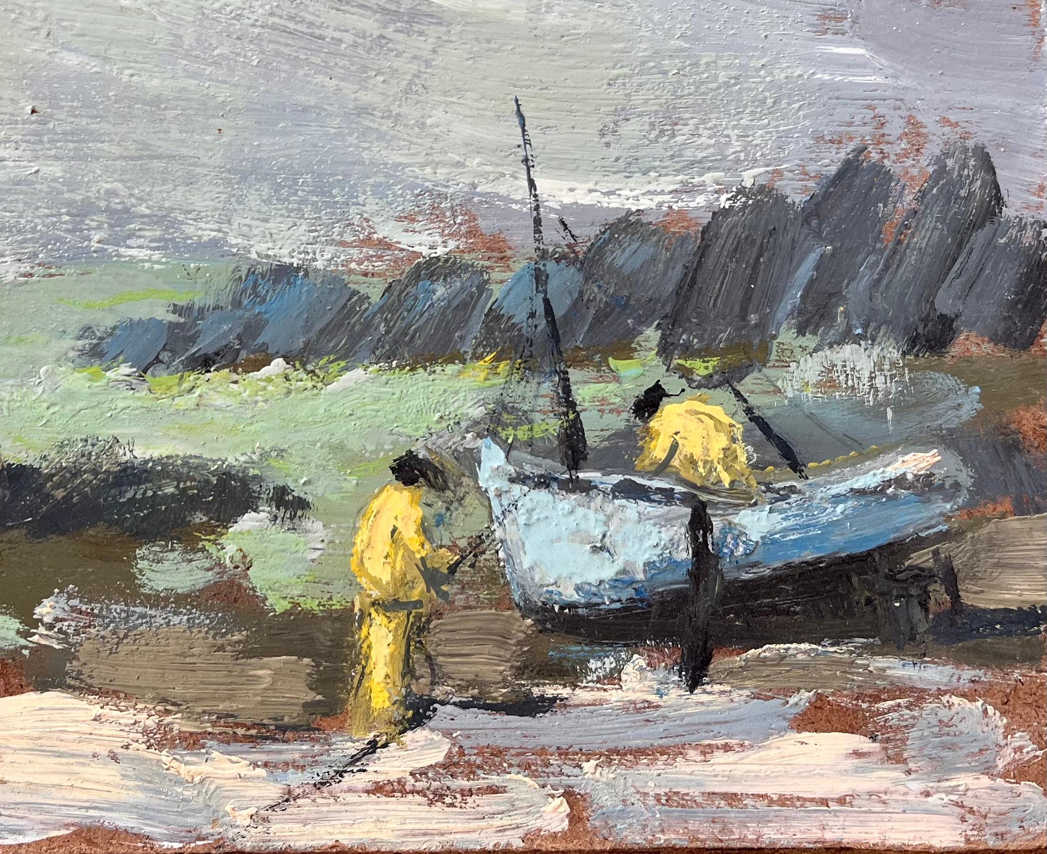 Scène côtière impressionniste française avec pêcheurs et bateaux en Bretagne - Impressionnisme Painting par Fanch Lel