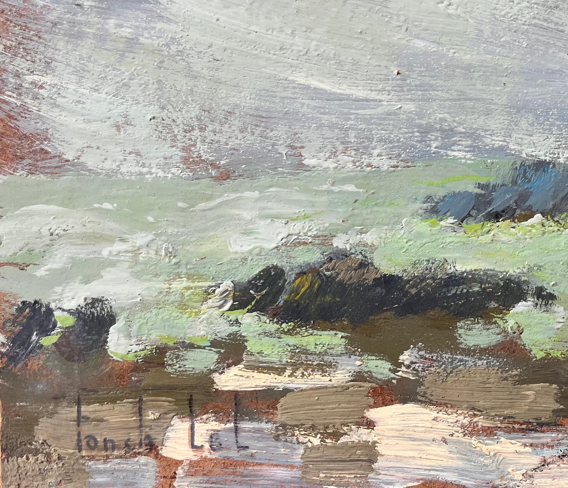 Scène côtière impressionniste française avec pêcheurs et bateaux en Bretagne - Gris Abstract Painting par Fanch Lel