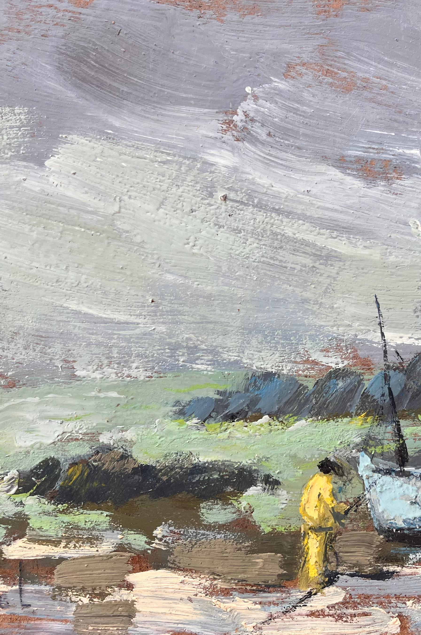 Titre : Scène côtière impressionniste française avec pêcheurs et bateau en Bretagne
Par Fanch Lel
Taille : 8.75 x 10.5 pouces (hauteur x largeur)
Peinture à l'huile sur carton, non encadrée
Condit : La peinture est en bon état, avec une texture
