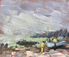 Impressionist French Coastal Scene with Fishermen and Boat in Bretagne