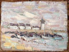 Scena costiera francese impressionista con barche e cottage del faro