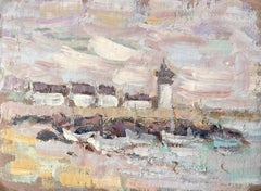 Impressionist French Coastal Scene with Lighthouse Boats and Cottages