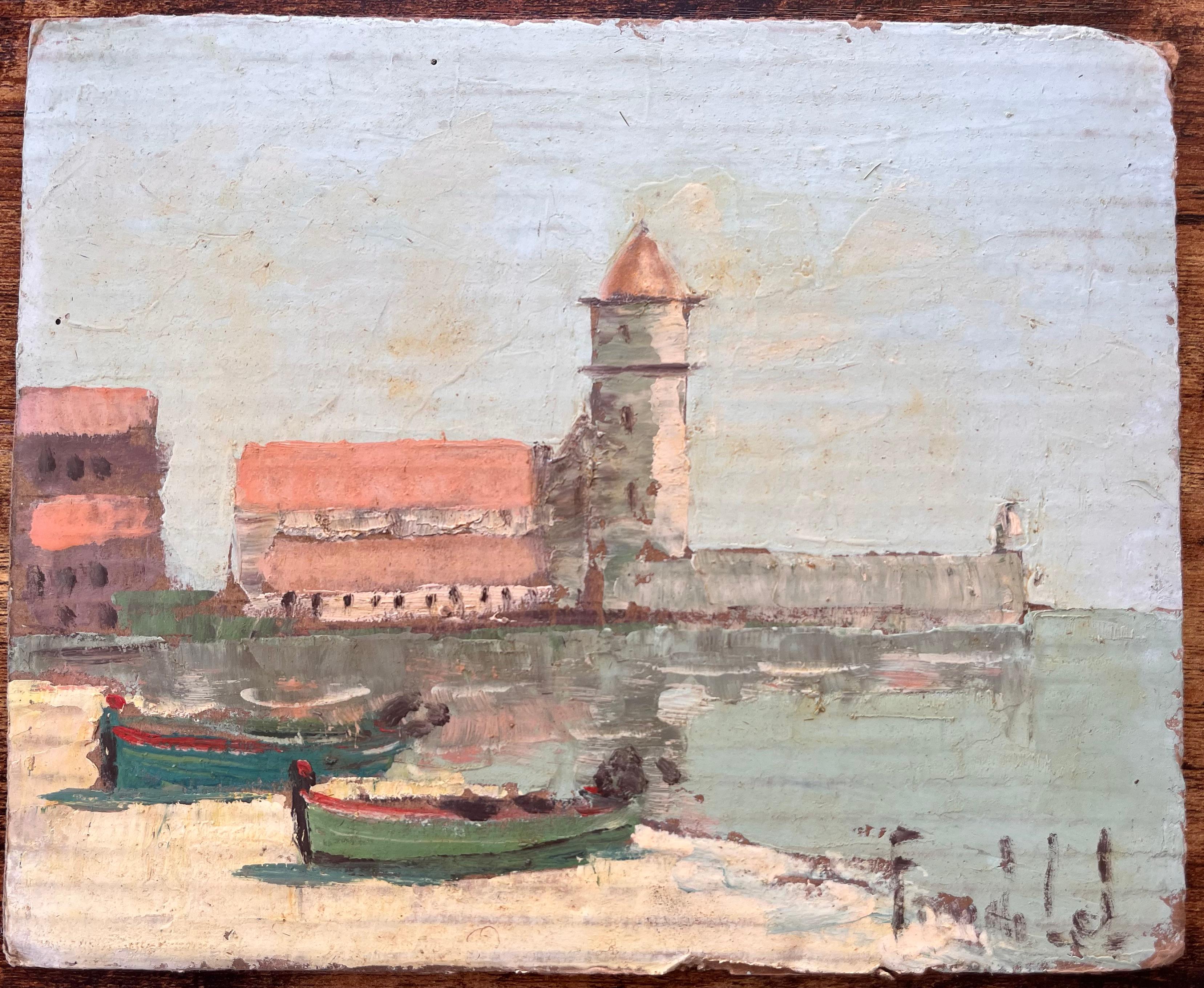 Impressionistisches französisches Küstendorf mit Glockenturmbooten und Gebäuden – Painting von Fanch Lel