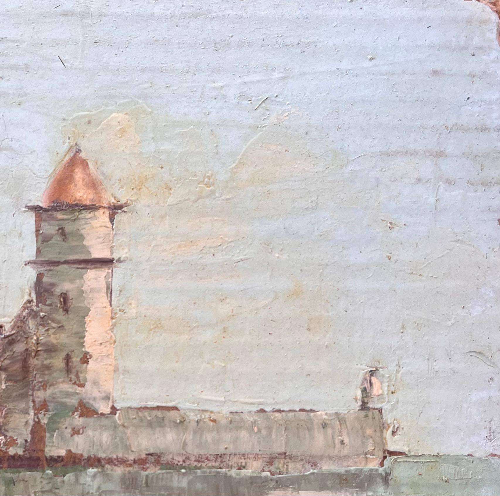 Impressionistisches französisches Küstendorf mit Glockenturmbooten und Gebäuden (Impressionismus), Painting, von Fanch Lel