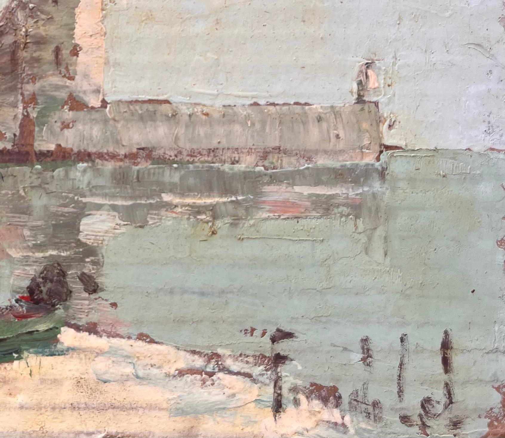 Impressionistisches französisches Küstendorf mit Glockenturmbooten und Gebäuden (Grau), Abstract Painting, von Fanch Lel