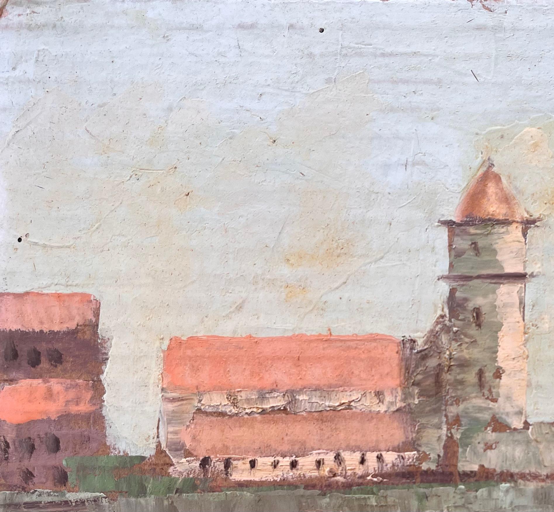 Titel: Impressionistisches französisches Küstendorf mit Glockenturm, Booten und Gebäuden
Von Fanch Lel
Unterschrieben: Ja
Größe: 8,75 x 10,5 Zoll (Höhe x Breite)
Ölgemälde auf Karton, ungerahmt
Zustand: Das Gemälde ist in gutem Zustand mit