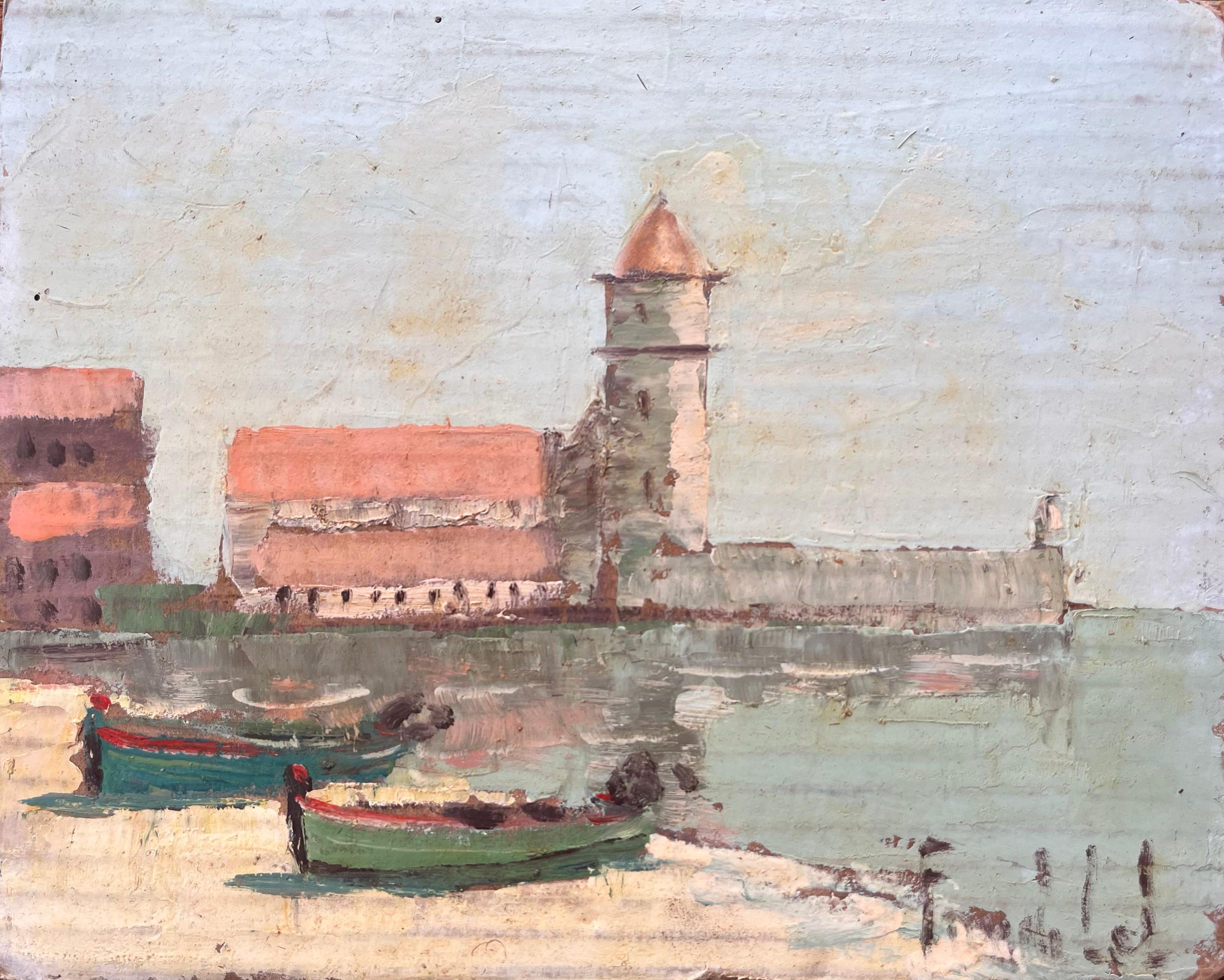 Impressionist French Coastal Village with Bell Tower Boats and Buildings