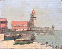 Impressionist French Coastal Village with Bell Tower Boats and Buildings