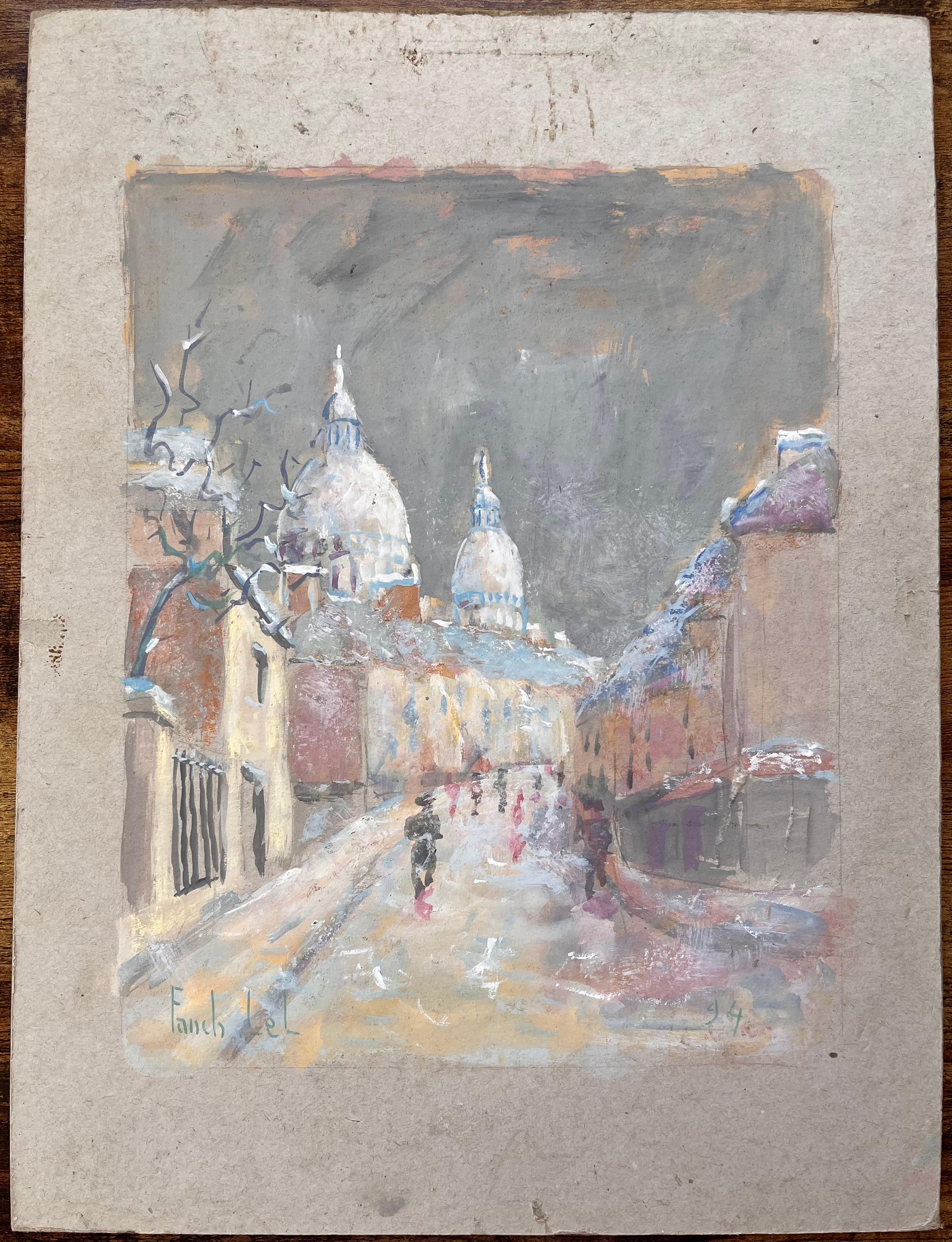 Impressionist French Gouache of Sacré-Cœur Paris in Snow with Figures - Painting by Fanch Lel