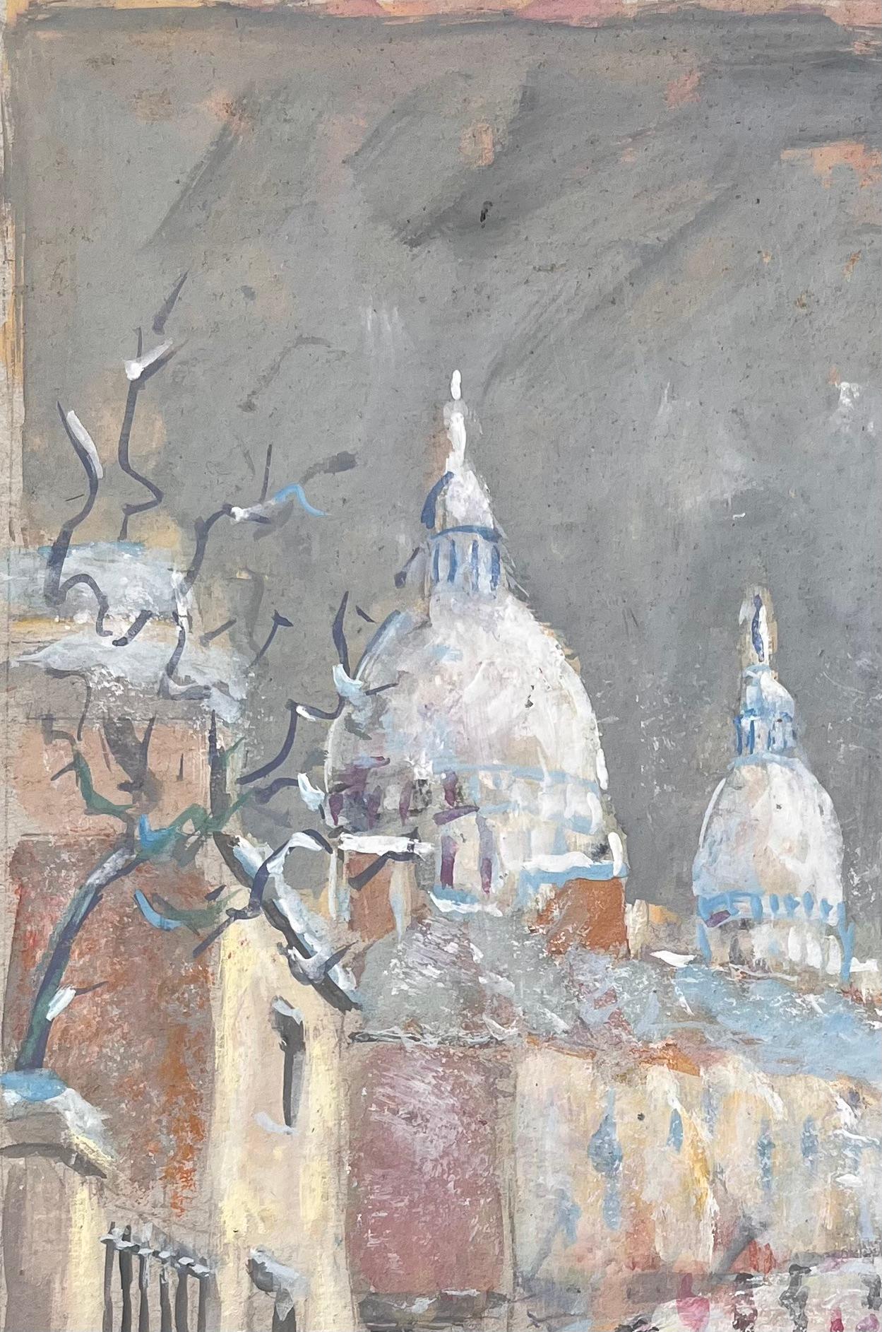 Impressionist French Gouache of Sacré-Cœur Paris in Snow with Figures - Gray Abstract Painting by Fanch Lel