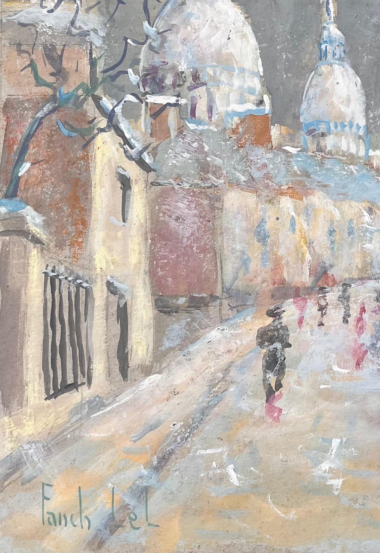 Impressionist French Gouache of Sacré-Cœur Paris in Snow with Figures For Sale 1