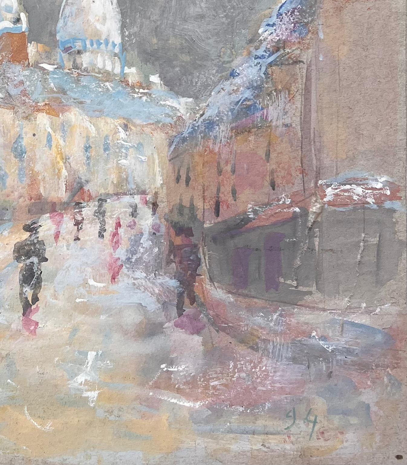 Impressionist French Gouache of Sacré-Cœur Paris in Snow with Figures For Sale 2