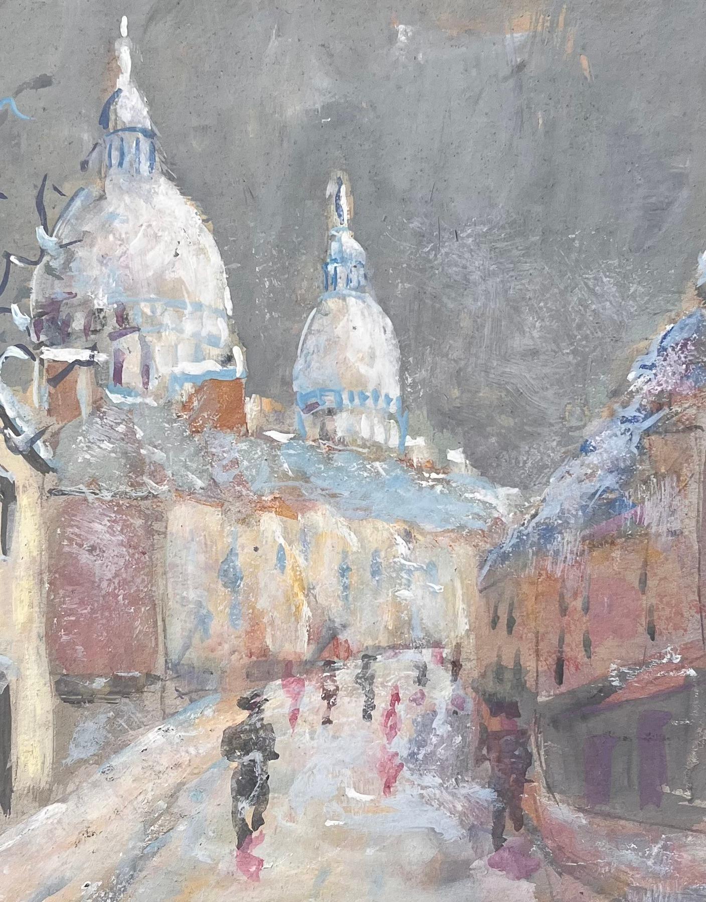 Impressionist French Gouache of Sacré-Cœur Paris in Snow with Figures For Sale 3