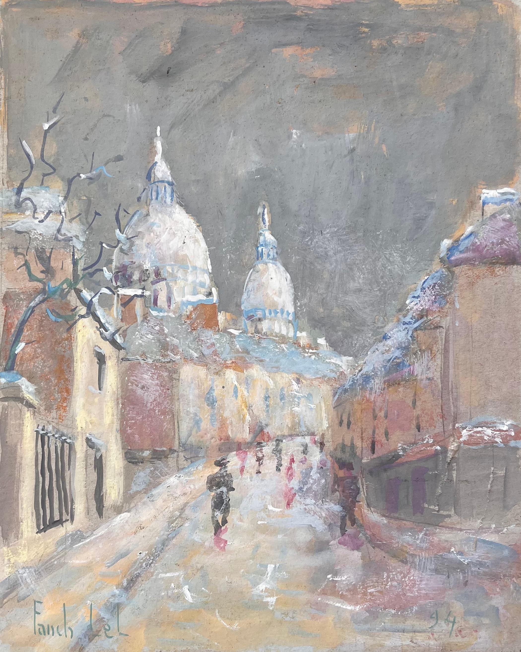 Fanch Lel Abstract Painting - Impressionist French Gouache of Sacré-Cœur Paris in Snow with Figures