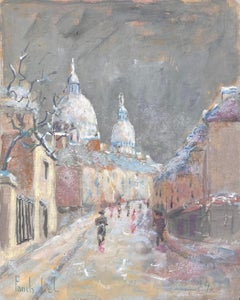 Gouache francese impressionista del Sacro Cuore di Parigi innevato con figure