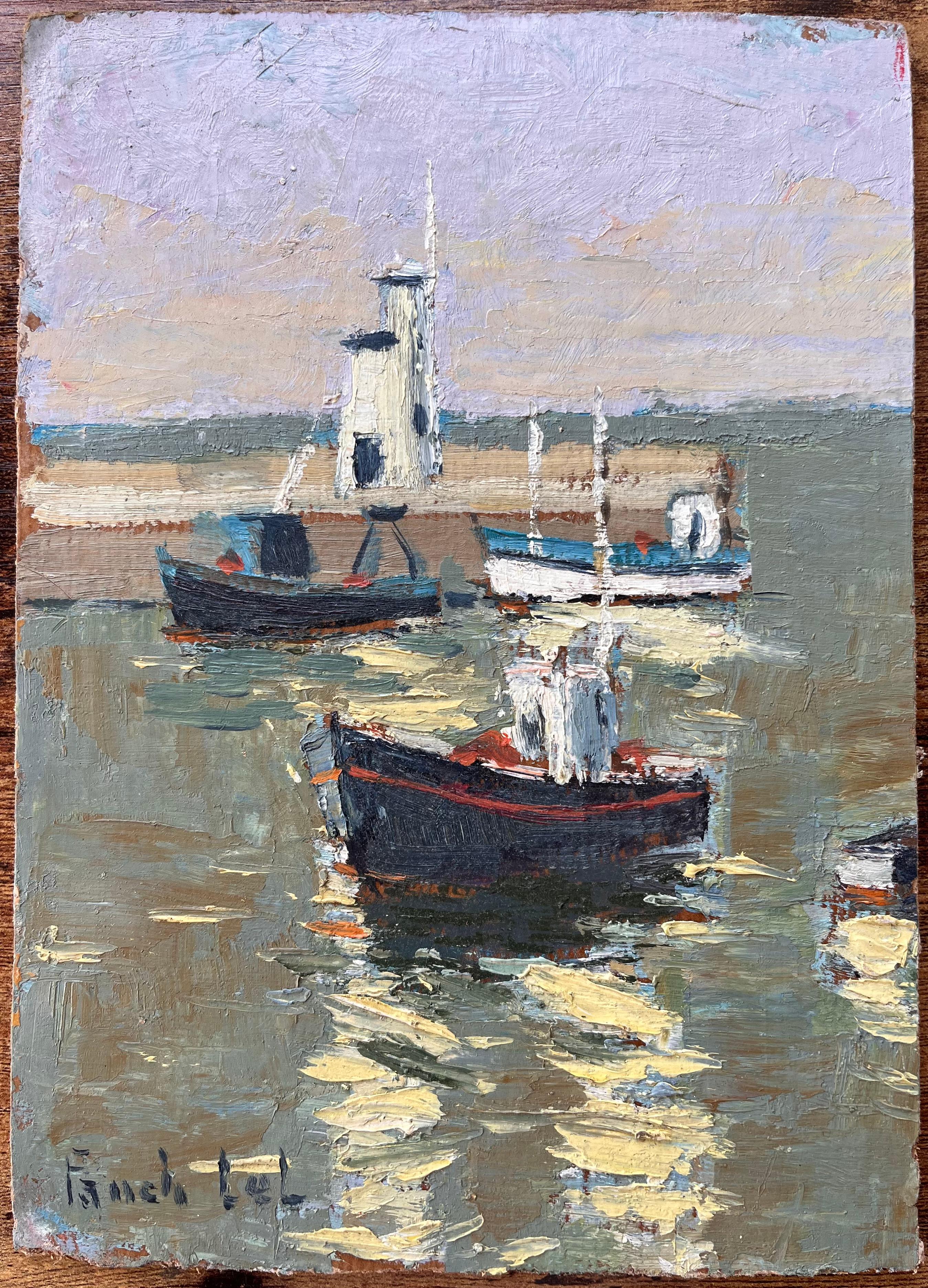 Escena portuaria francesa impresionista con faro y barcos de pesca en Piriac - Painting de Fanch Lel