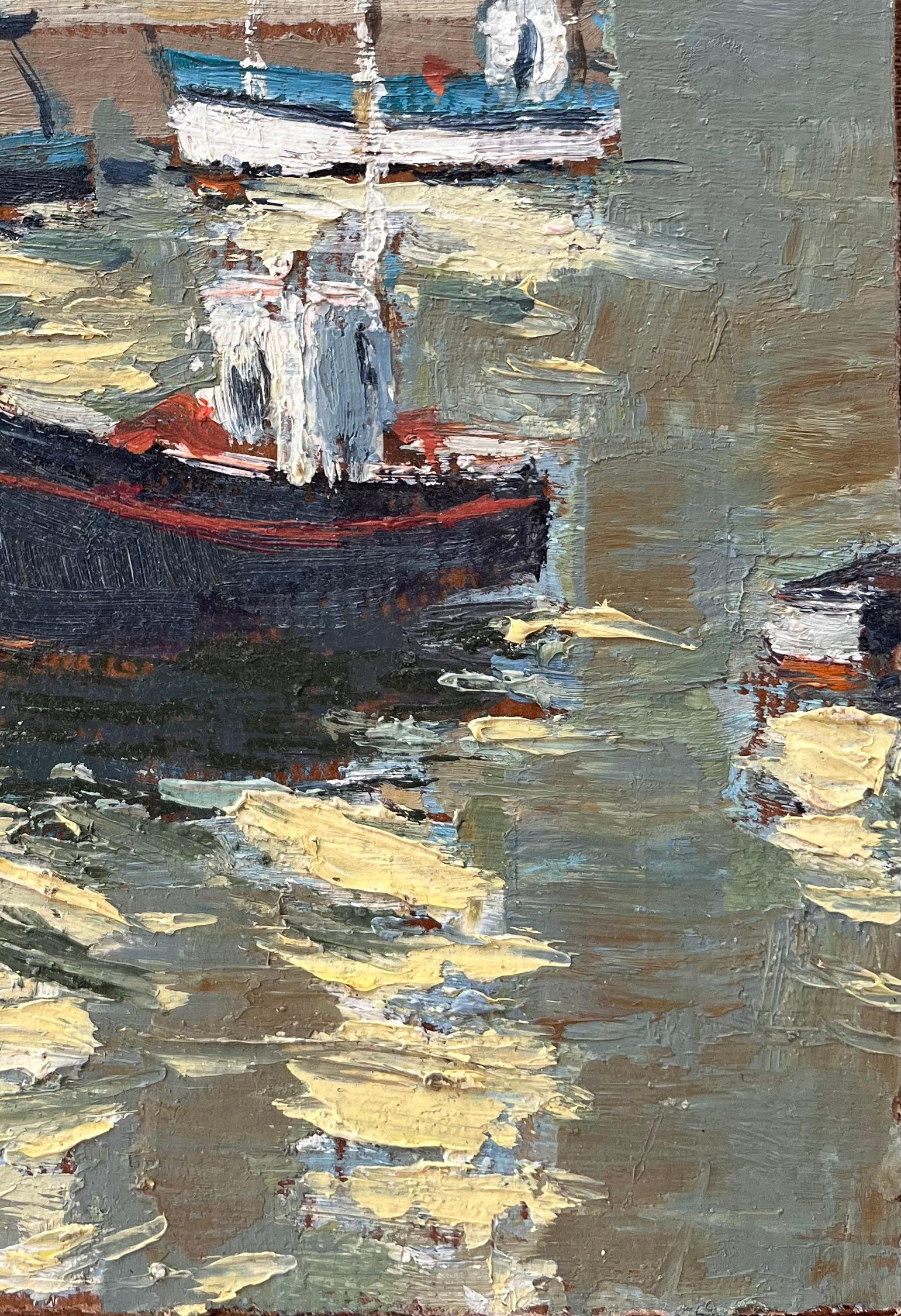 Título: Escena portuaria francesa impresionista con faro y barcos de pesca en Piriac
Por Fanch Lel
Firmado: Sí
Tamaño: 10,5 x 7,5 pulgadas (alto x ancho)
Óleo sobre tabla, sin enmarcar
Estado: El cuadro está en buen estado, con una textura expresiva