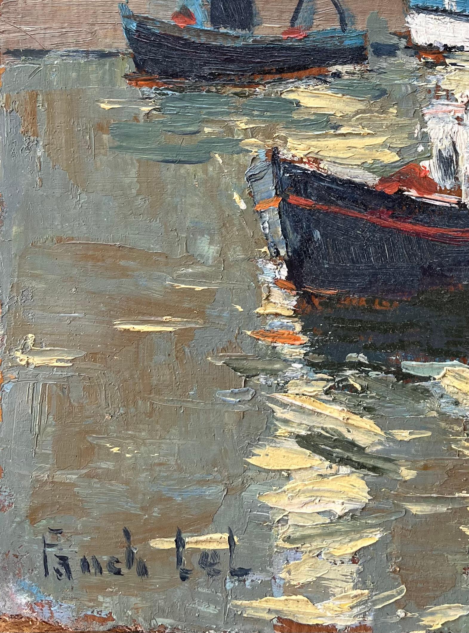 Escena portuaria francesa impresionista con faro y barcos de pesca en Piriac en venta 1