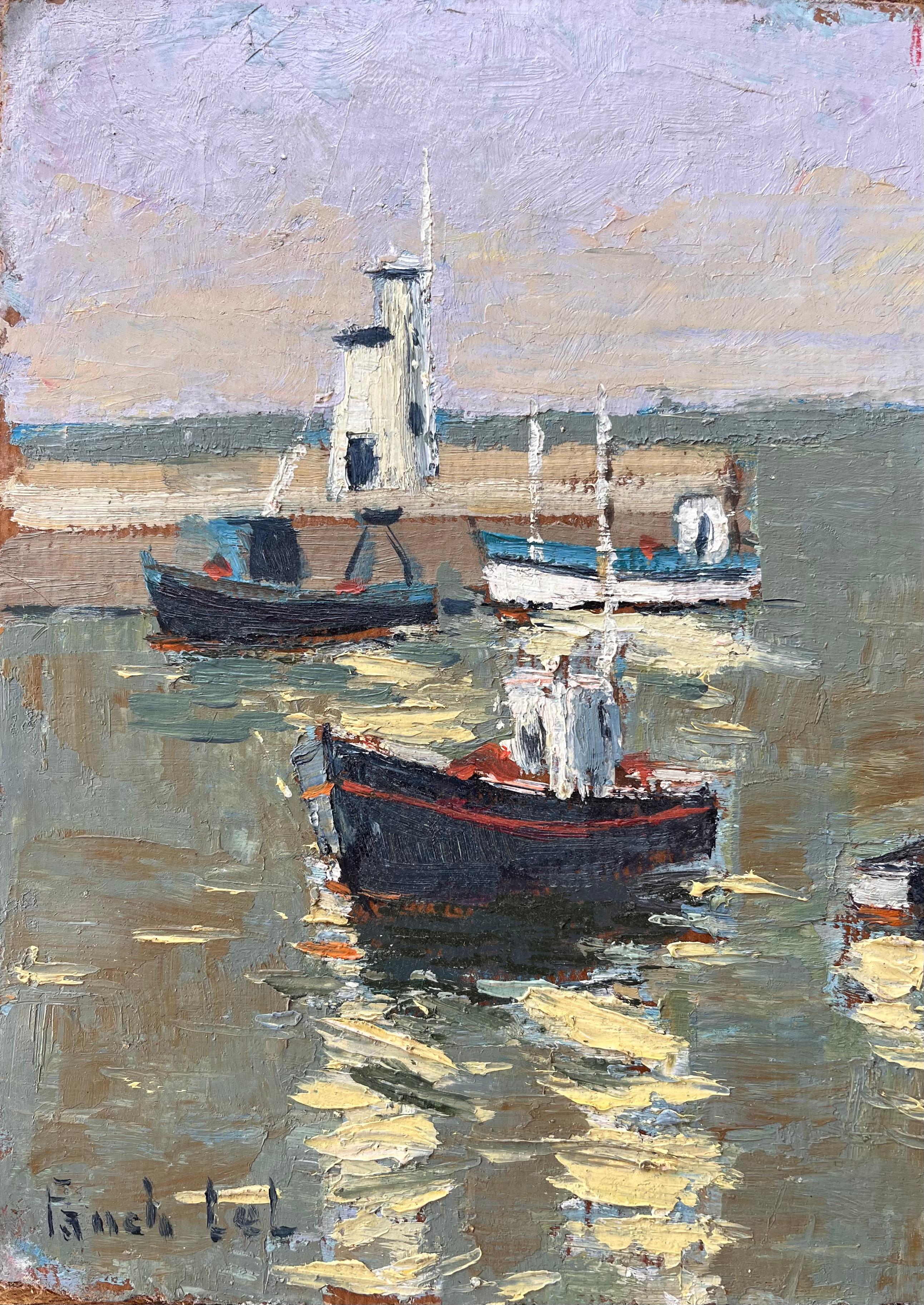 Landscape Painting de Fanch Lel - Escena portuaria francesa impresionista con faro y barcos de pesca en Piriac