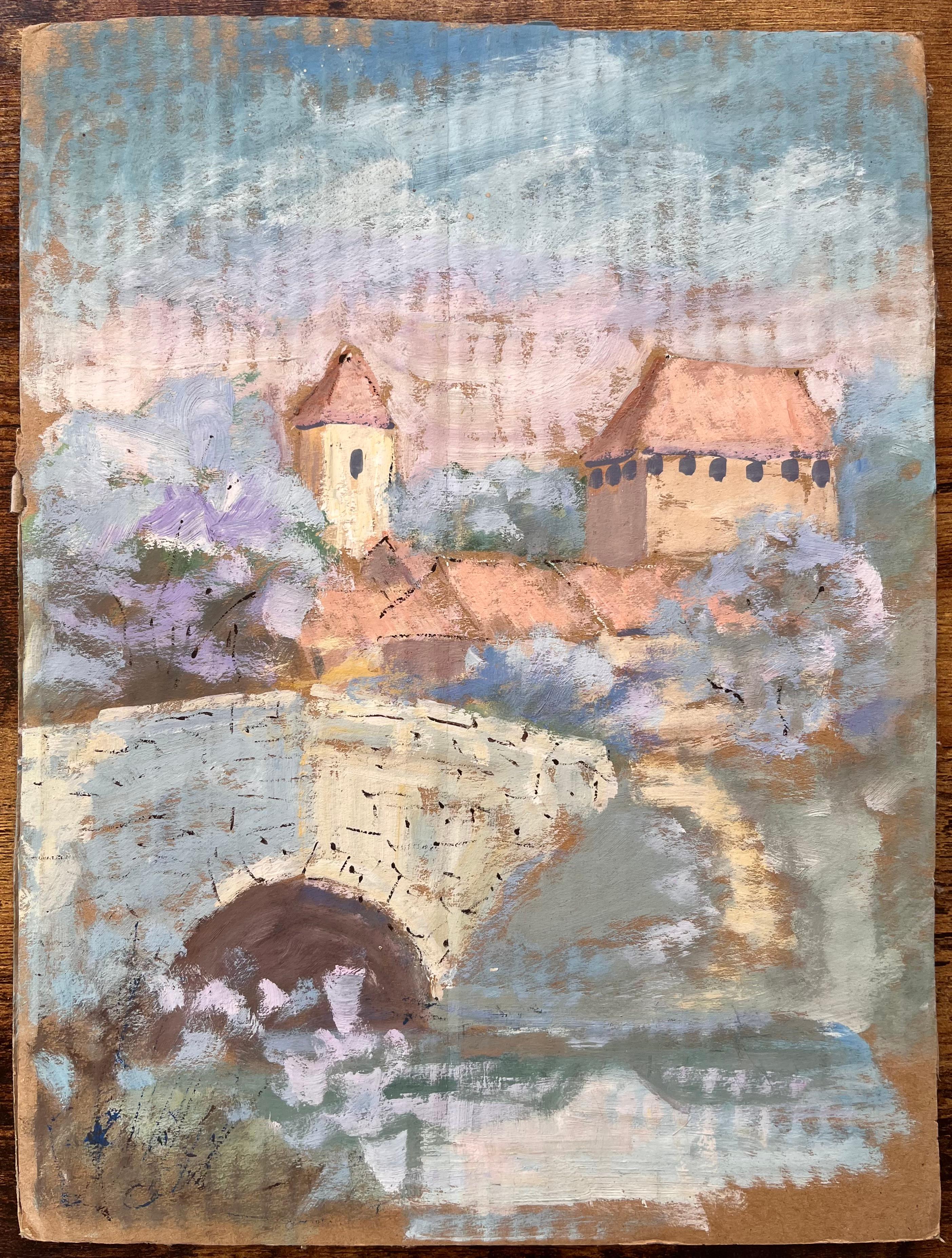 Paysage de moisson impressionniste français avec pont en pierre et château près d'amiens - Painting de Fanch Lel