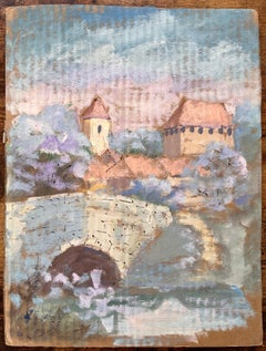 Impressionist French Harvest Landscape with Stone Bridge and Castle near Amiens