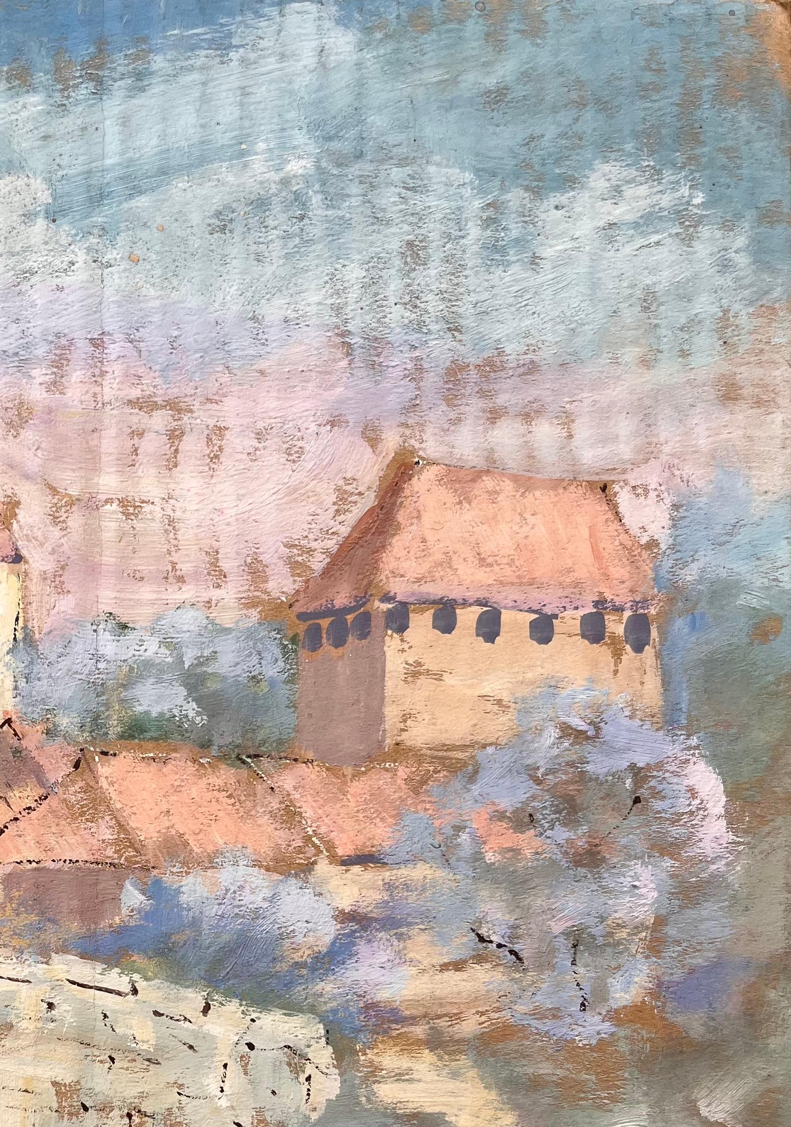 Titre : Paysage de moisson impressionniste français avec pont de pierre et château près d'Amiens
Par Fanch Lel
Signé : Oui
Taille : 13 x 9.75 pouces (hauteur x largeur)
Peinture gouache sur carton, non encadrée
Condit : La peinture est en bon état,