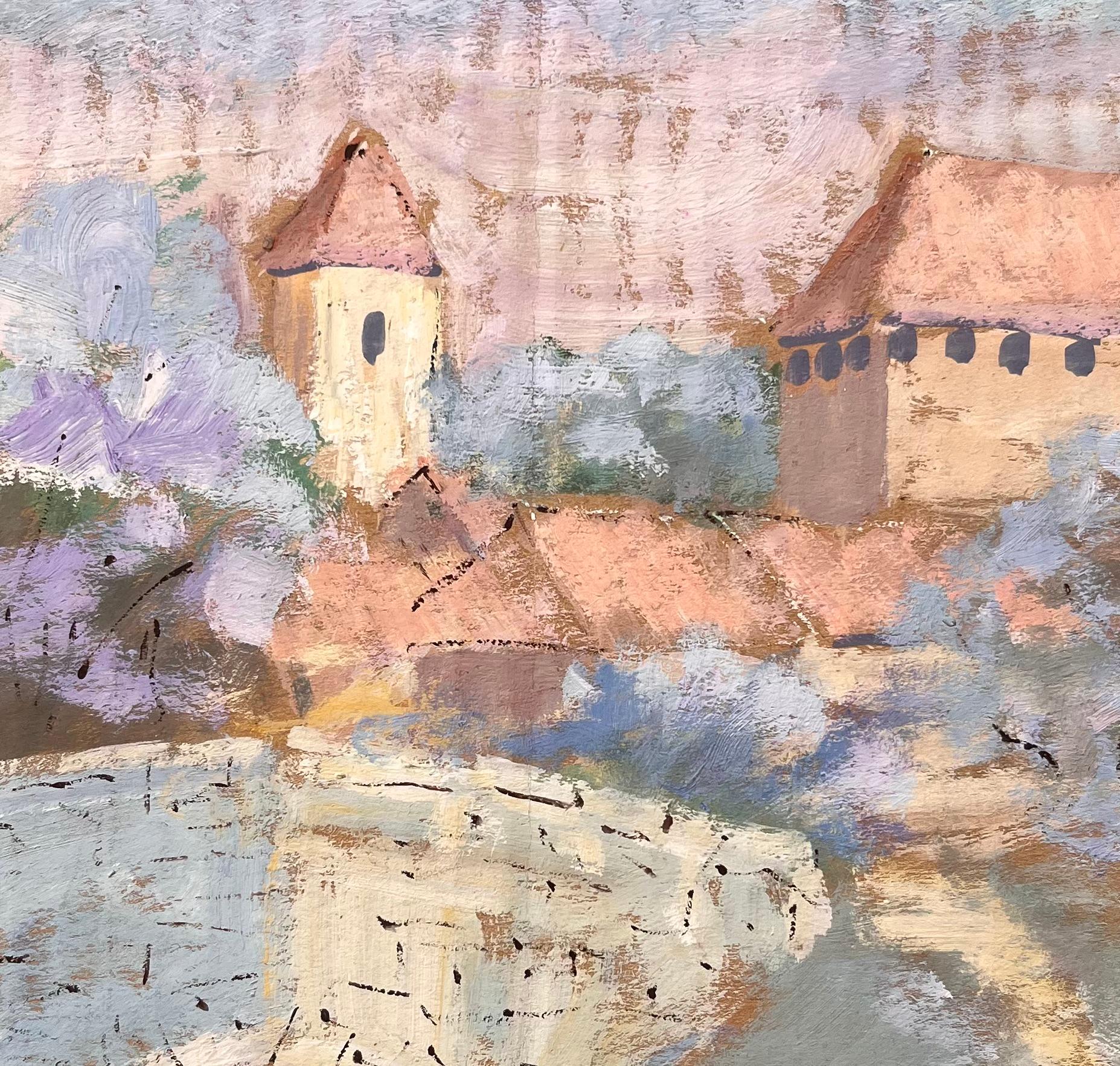 Paysage de moisson impressionniste français avec pont en pierre et château près d'amiens en vente 2