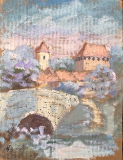 Paisaje francés impresionista de la vendimia con puente de piedra y castillo cerca de Amiens