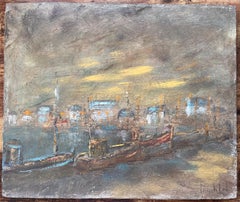 Impressionist French Nocturne Port Scene Oil Painting with Boats and Lights