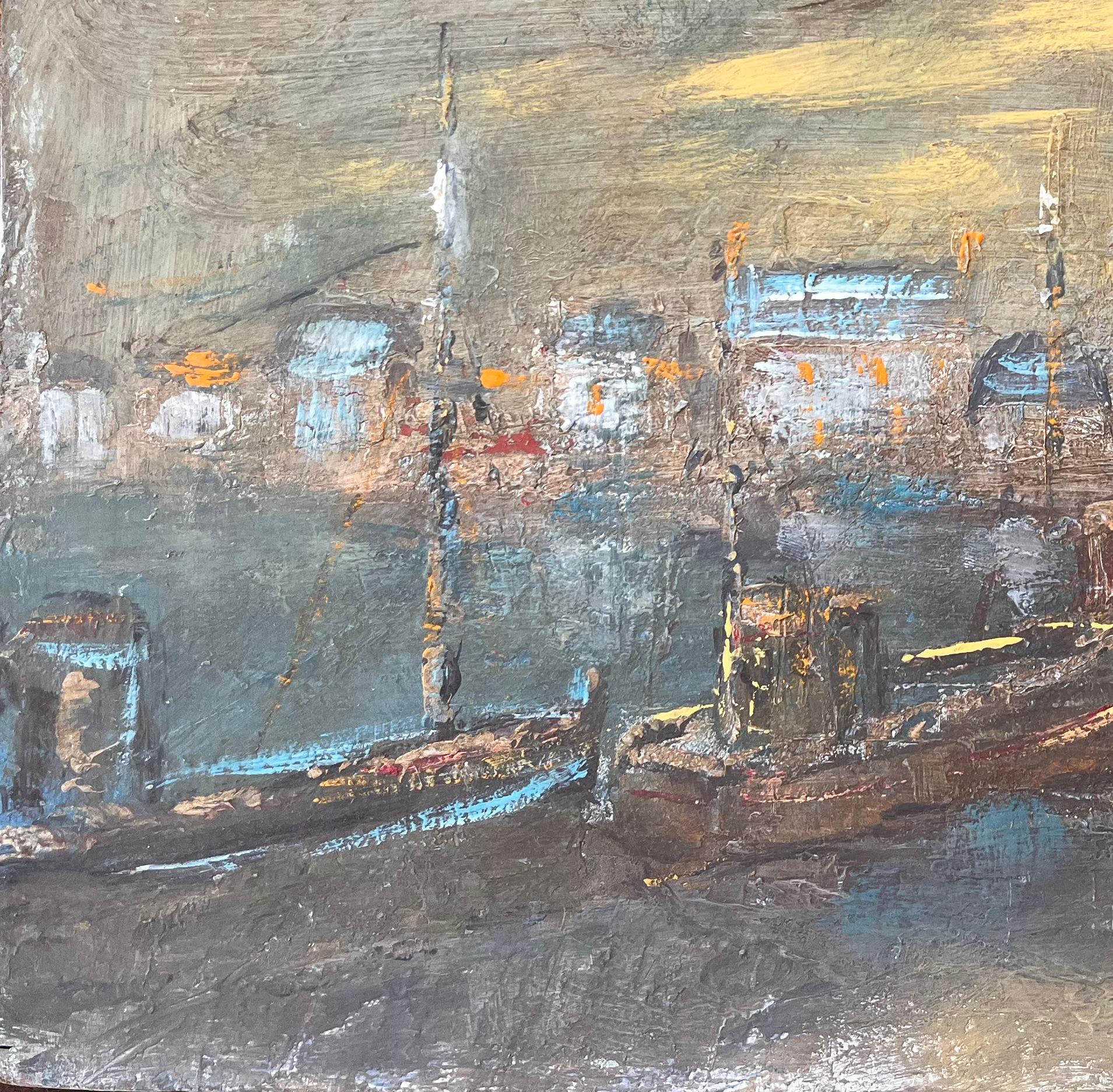 Impressionist Französisch Nocturne Port Scene Ölgemälde mit Booten und Lights (Impressionismus), Painting, von Fanch Lel