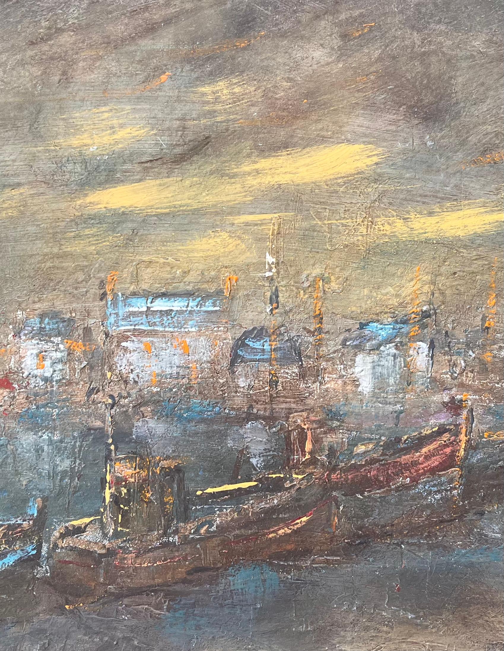 Impressionist Französisch Nocturne Port Scene Ölgemälde mit Booten und Lights im Angebot 2