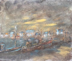 Impressionist French Nocturne Port Scene Oil Painting with Boats and Lights