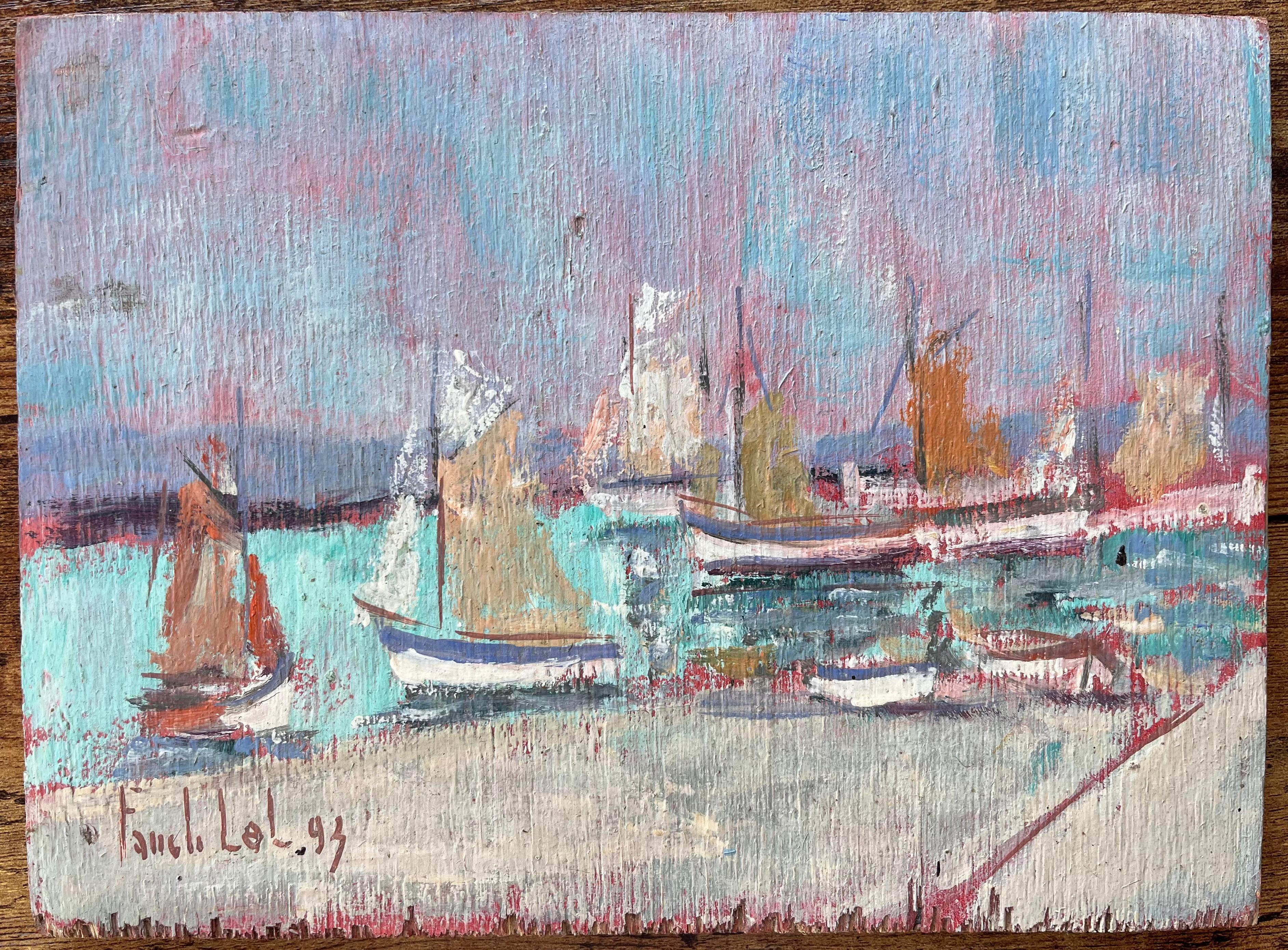 Scène de port impressionniste française avec voiles colorées et jupes roses - Painting de Fanch Lel
