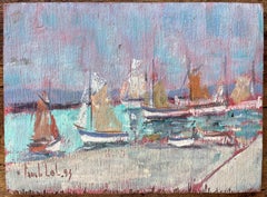 Escena portuaria francesa impresionista con velas de colores y cielo rosa