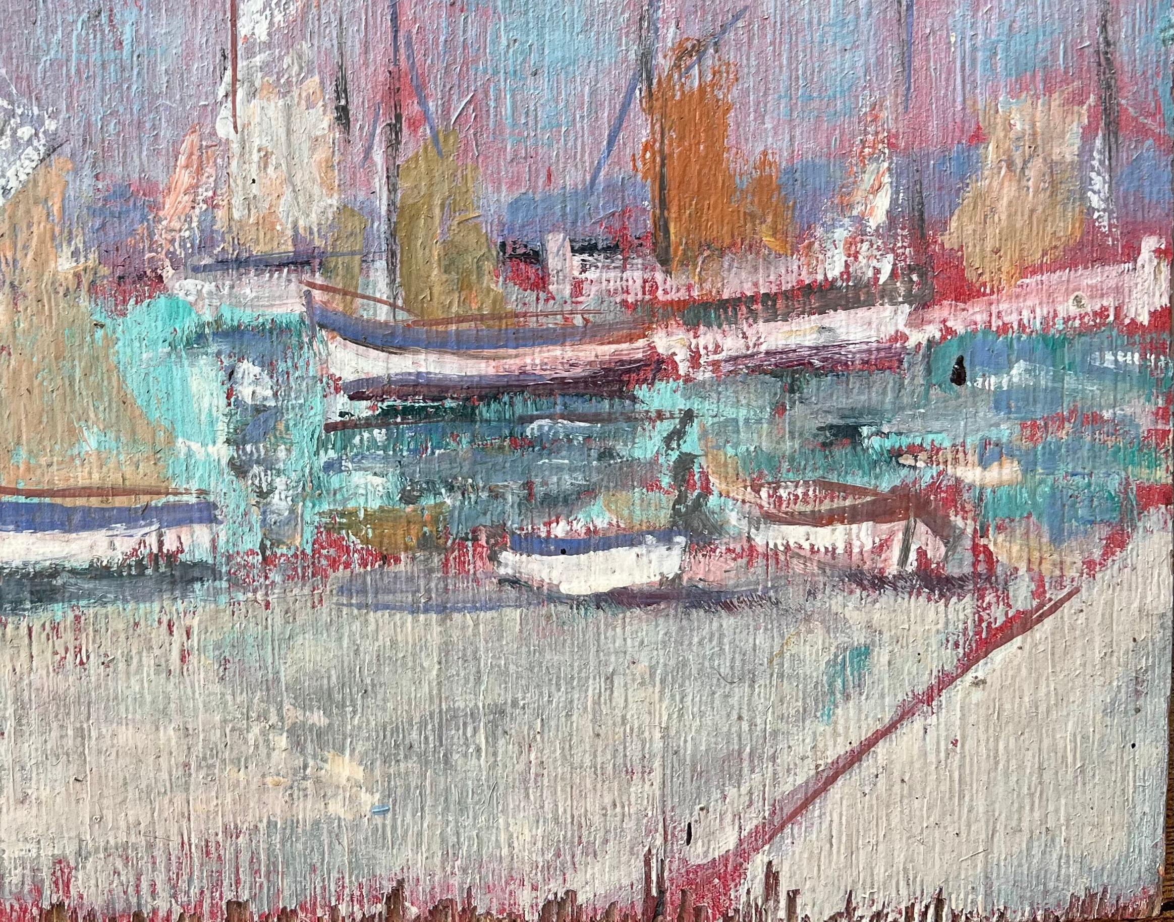 Scène de port impressionniste française avec voiles colorées et jupes roses - Impressionnisme Painting par Fanch Lel