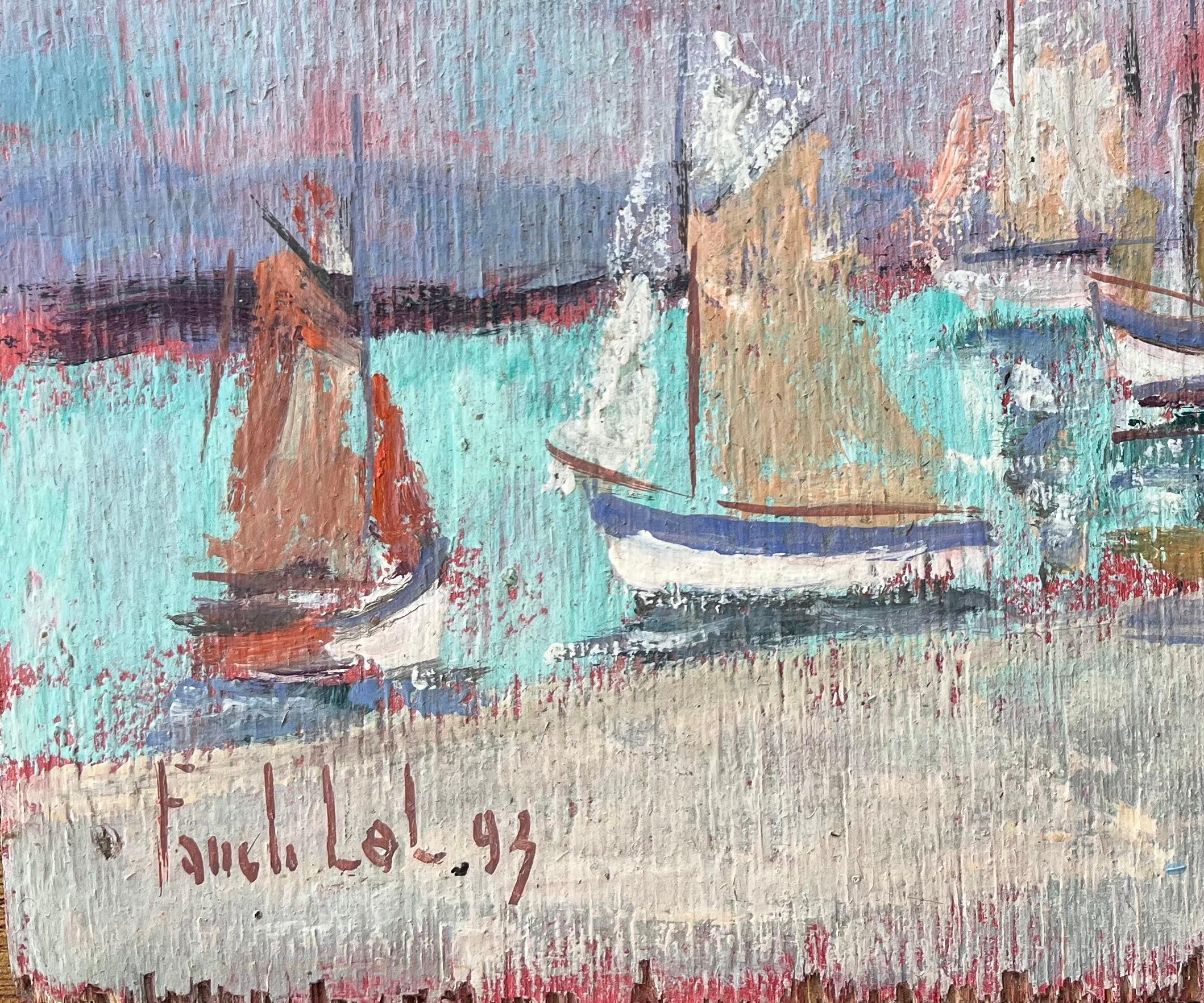 Scène de port impressionniste française avec voiles colorées et jupes roses - Gris Landscape Painting par Fanch Lel