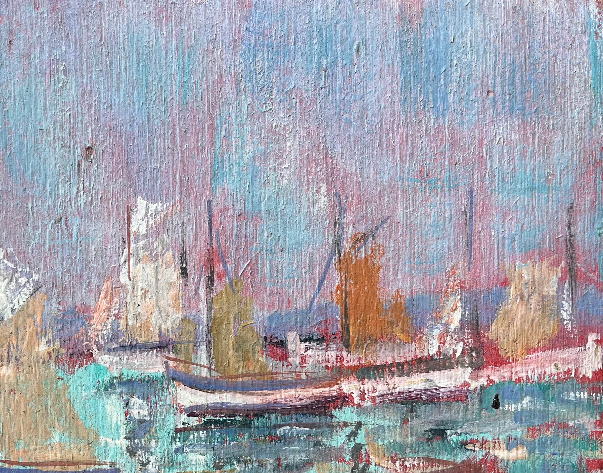 Scène de port impressionniste française avec voiles colorées et jupes roses en vente 1