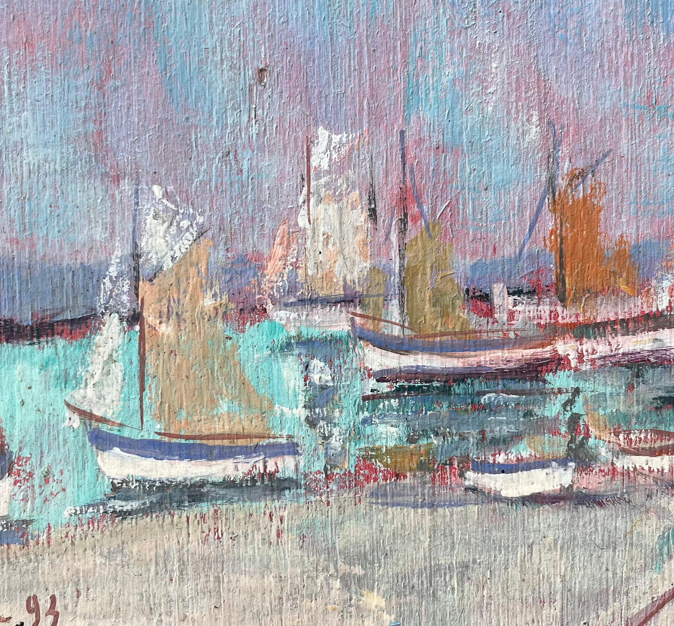 Scène de port impressionniste française avec voiles colorées et jupes roses en vente 2