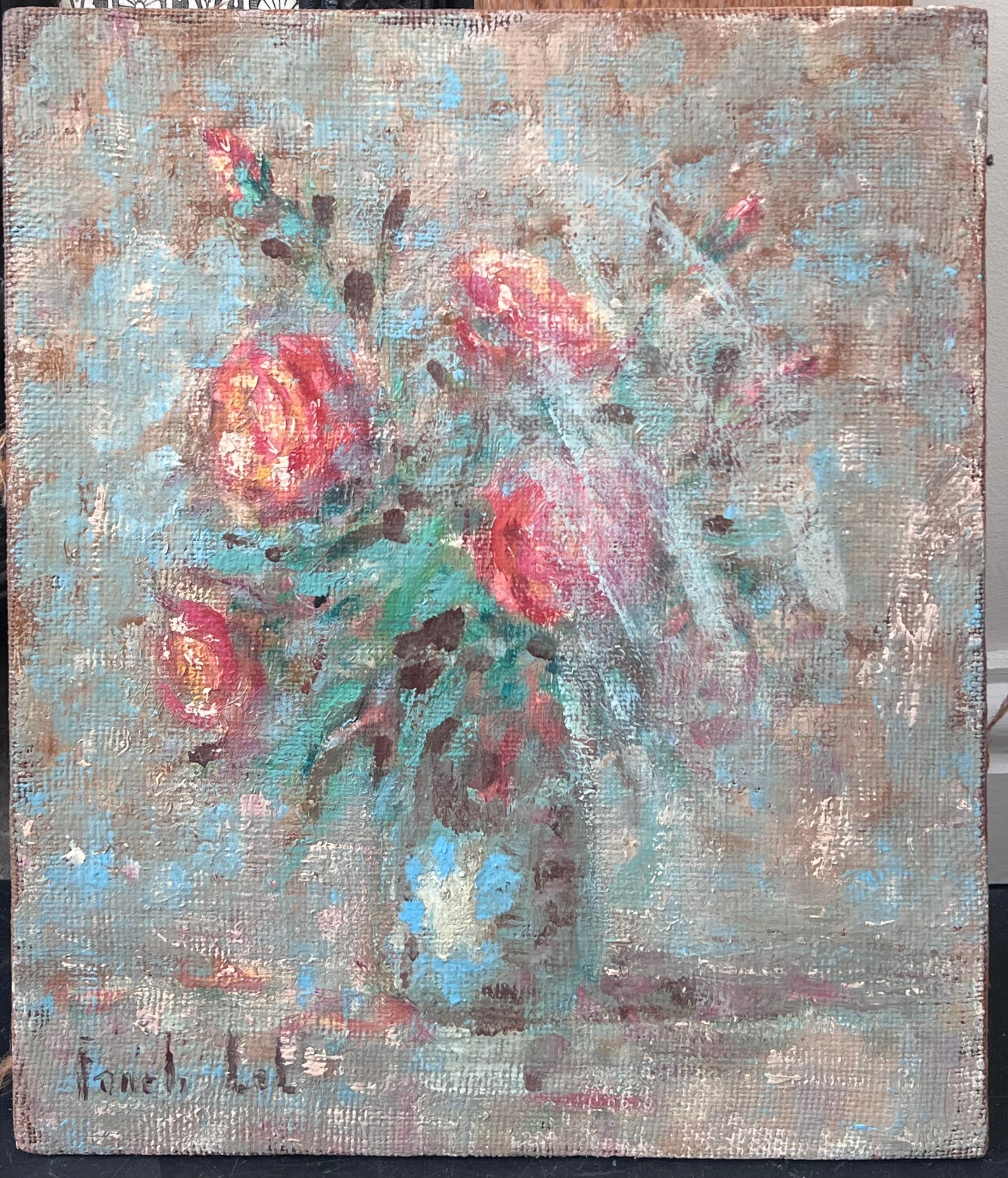 Impressionist French Red Roses in Blue Vase Interior Oil Painting - Gray Still-Life Painting by Fanch Lel