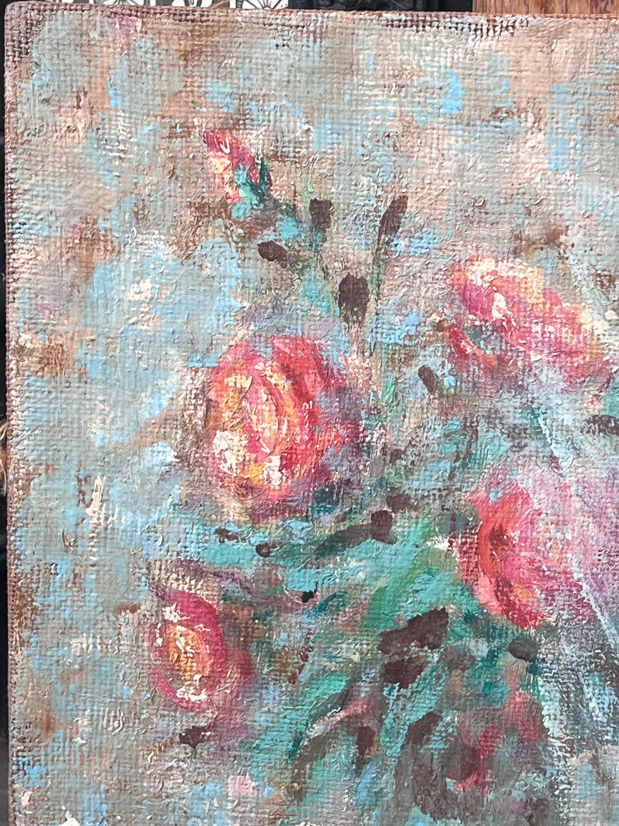 Impressionist French Red Roses in Blue Vase Interior Oil Painting For Sale 1