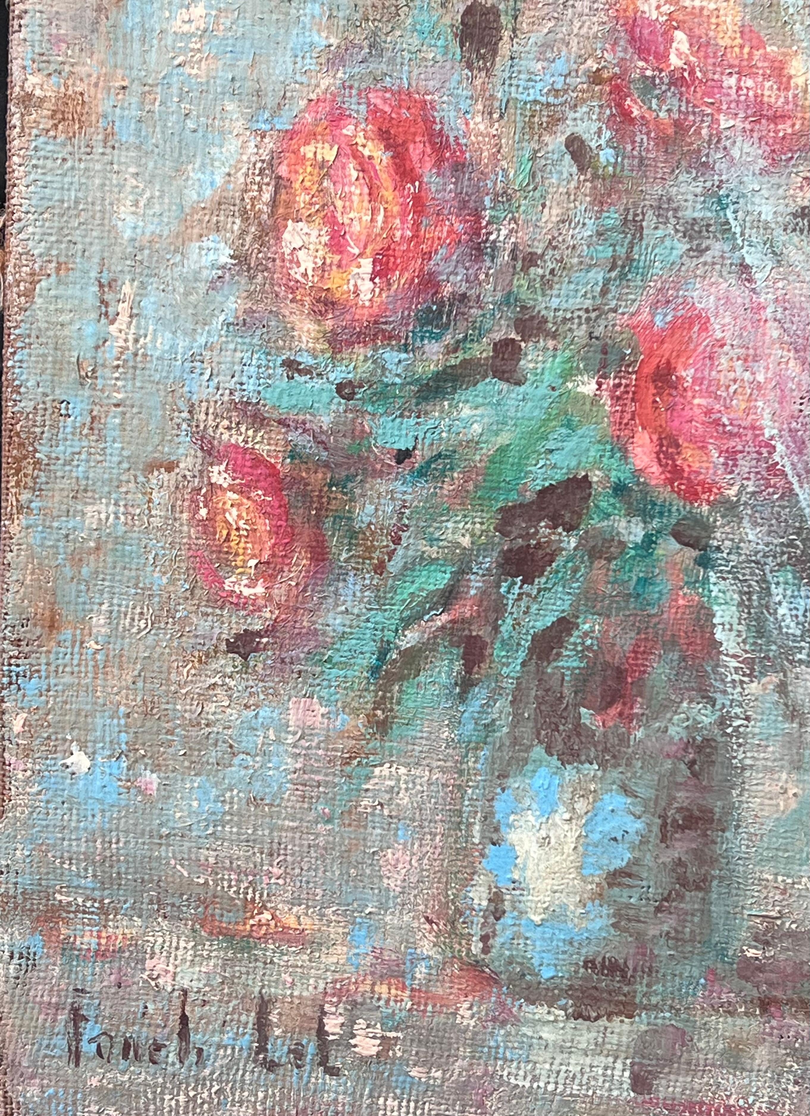 Impressionist French Red Roses in Blue Vase Interior Oil Painting For Sale 4