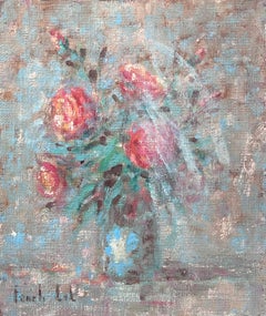 Impressionist French Red Roses in Blue Vase Interior Oil Painting