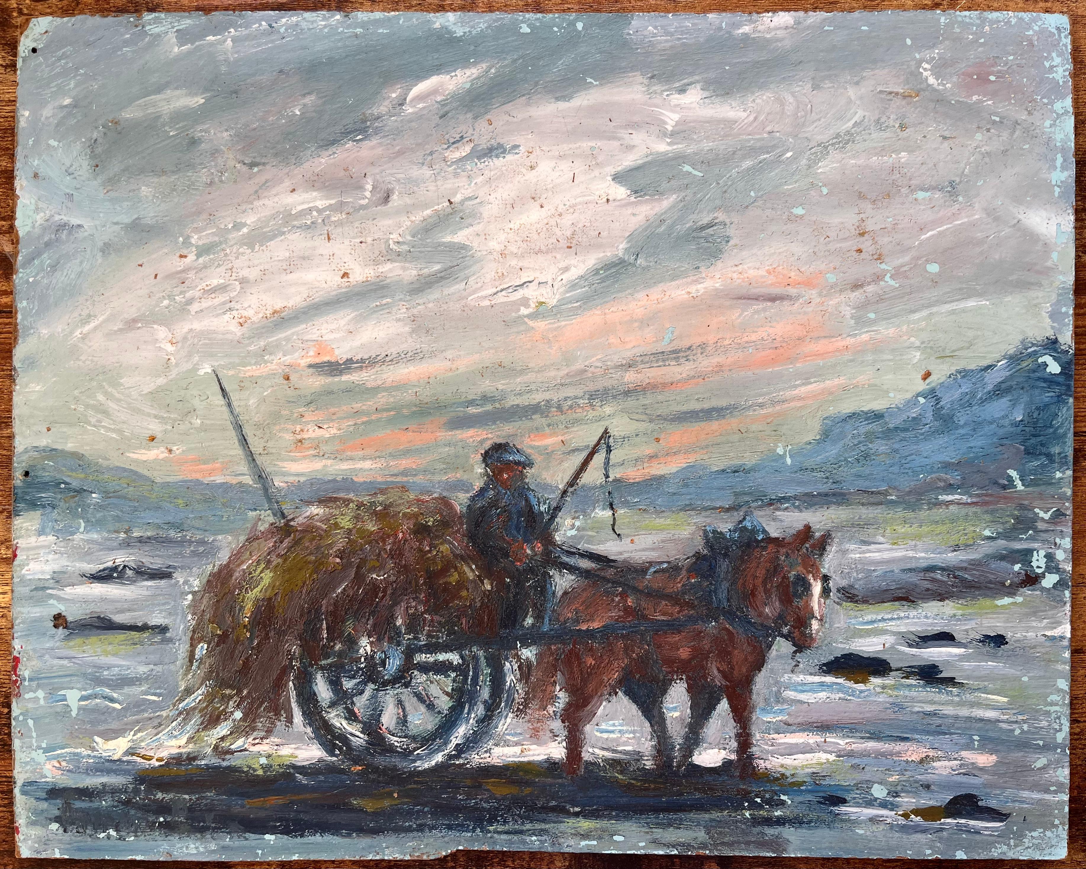 Impressionist French Rural Scene with Horse and Cart at Sunset - Painting by Fanch Lel