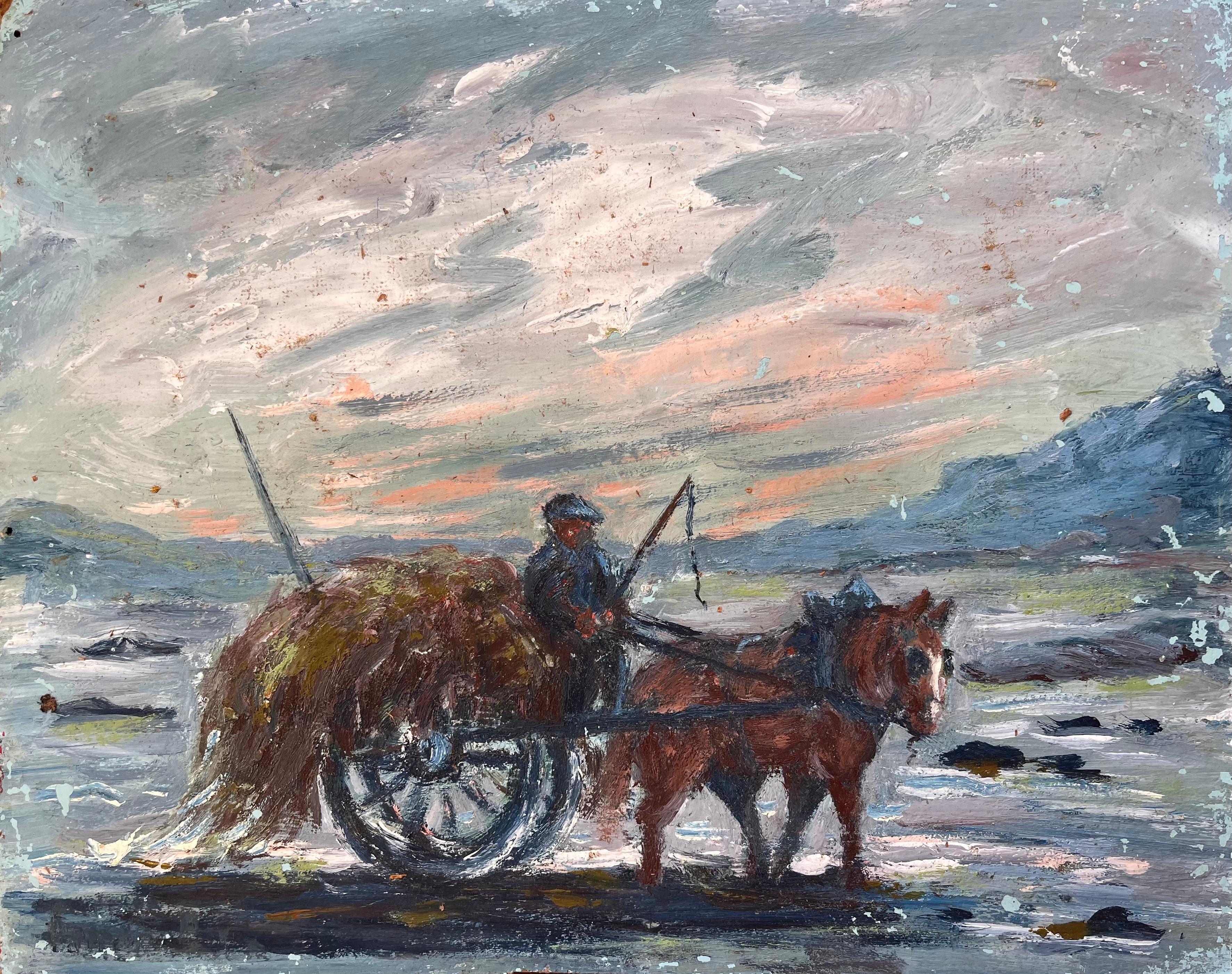 Impressionistische französische ländliche Szene mit Pferd und Wagen bei Sonnenuntergang