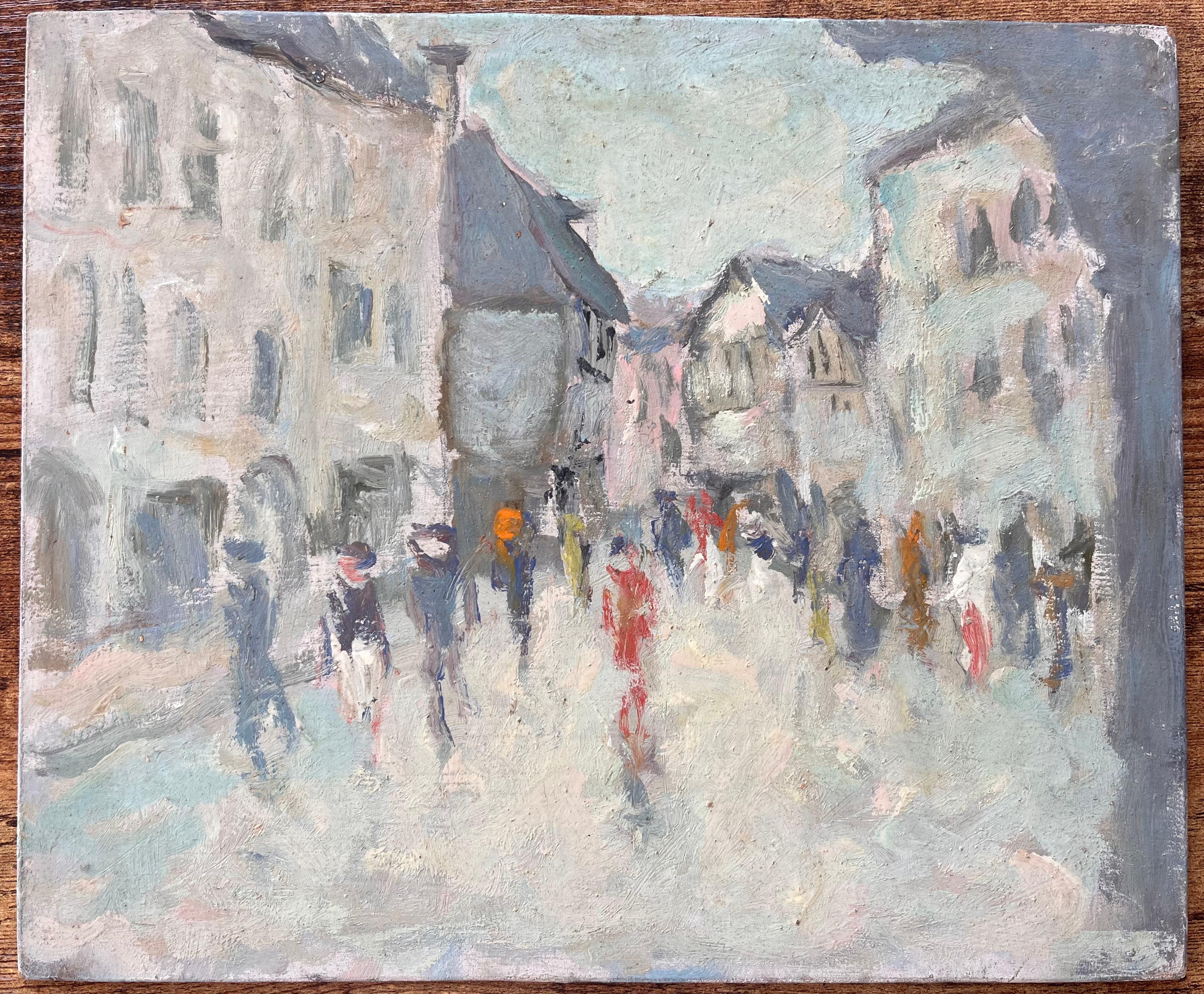 Scène de rue impressionniste française avec personnages et architecture Rue Animée - Painting de Fanch Lel
